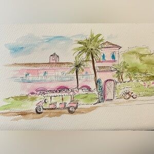 Original hand painted watercolor colony, Hotel Palm Beach